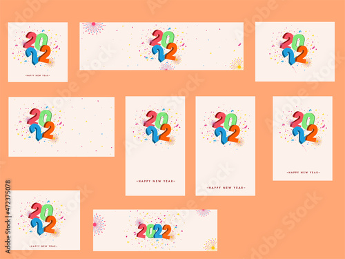 Social Media Template And Banner Collection With 3D Colorful 2022 Number On Confetti Fireworks Background.
