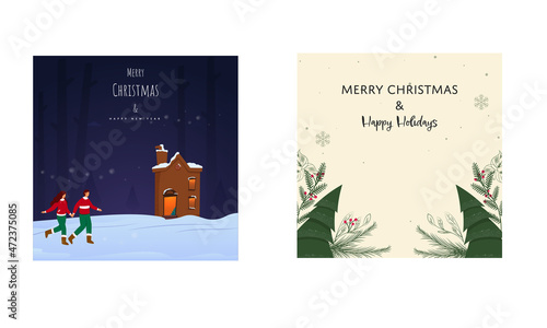 Social Media Template Or Square Poster Set For Merry Christmas And New Year, Happy Holidays Concept.