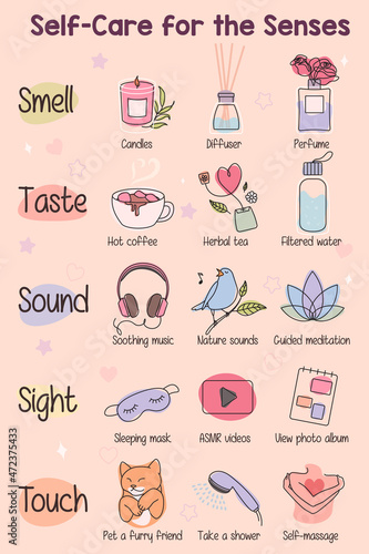 Personal self-care for senses checklist. Hand-drawn vector illustration on pastel background. Routine to do ideas. Flat Line with color shapes vector poster, banner, set, pack, stickers