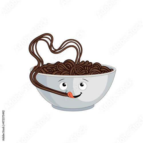 Jajangmyeon Cartoon Bowl Eating Noodles, Black Bean Noodles Isolated with Happy Face. photo