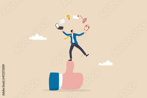 Skills set or competence and ability to success in work, career experience or knowledge for accountability, capability concept, qualified businessman juggling productivity objects on thumb up sign.