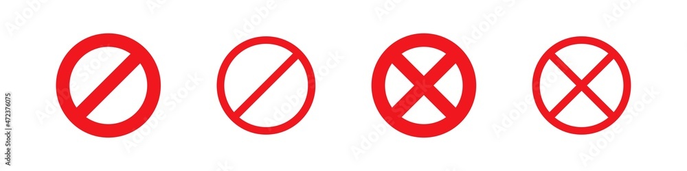 Prohibition vector sign. Entry prohibited no access, do not enter. Red round ban icon. Illegal circle prohibition symbol isolated set on white background. Prohibition vector sign. Entry prohibited no access, do not enter. Red round ban icon. Illegal circle prohibition symbol isolated set on white background.