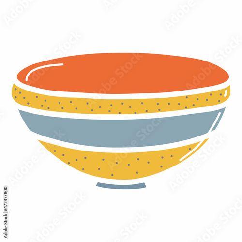 Ceramic deep plate, earthenware bowl, clay dishes. Hand drawn vector illustration. Isolated element on a white background