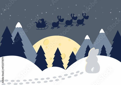 Christmas card bunny and flying Santa Claus over the forest. Landscape. 