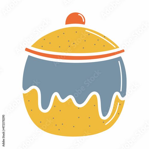 Ceramic pot with a lid or sugar bowl, earthenware dish, handmade clay dishes. Hand drawn vector illustration. Isolated element on a white background