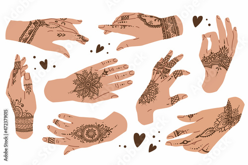 Collection of hands decorated with Indian patterns in the Mehendi style. Set with Elegant woman Hand gestures. Flat style in vector illustration. Isolated on white background element. Fingers, palms.