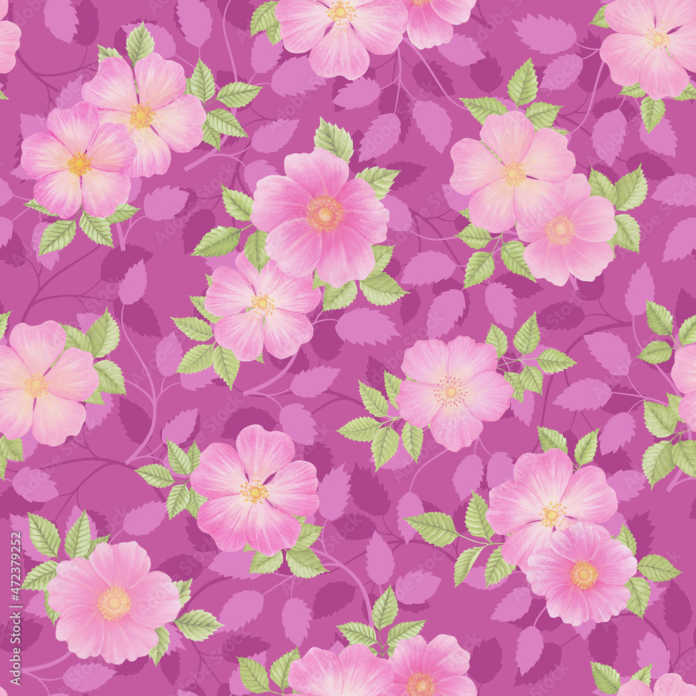 Wild Roses seamless pattern. Scrapbook Paper. Pink Rose