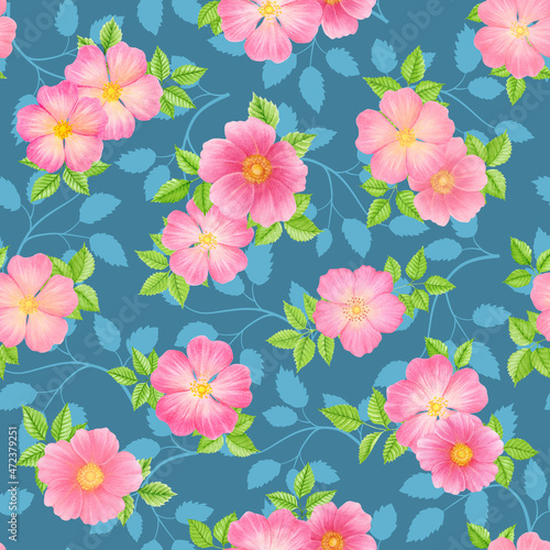 Wild Roses seamless pattern. Scrapbook Paper. Pink Rose