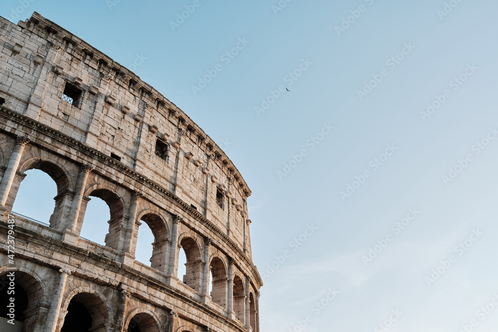 Colosseum in Rome in summer days with a bird flying over.