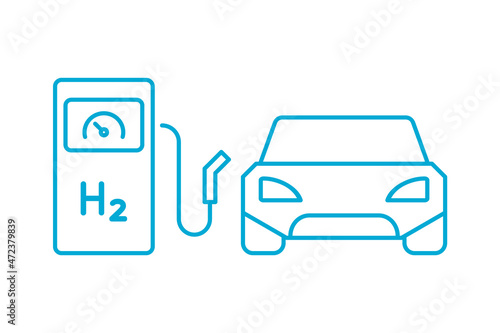 Fuel cell car at the hydrogen filling station line icon. H2 fuel gas pump. Fuel cell vehicle charging. Sustainable clean energy sources. Renewable power generation. Vector illustration, flat, clip art