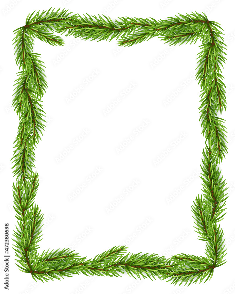 Blank Christmas border, frame with branch of christmas tree, fir. 
Isolated on white background. Holiday design, decor. Vector illustration.