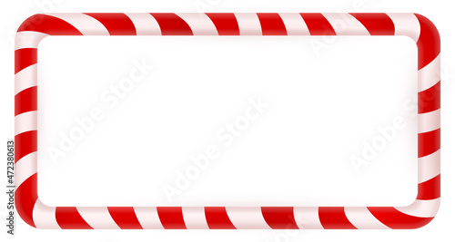 Blank Christmas border, candy cane frame with red and white stripes. Isolated on white background. Holiday design, decor. Vector illustration.