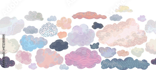 Seamless border with abstract cartoon clouds and pattern texture. Decorative celestial elements in watercolor style. Vector illustration