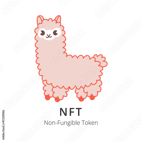 Non-fungible token contemporary artwork. Сolorful simple hand drawn illustration of cartoon alpaca with text NFT and non-fungible token. Flat vector Illustration.