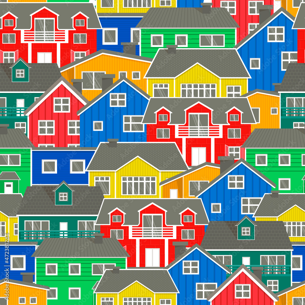 Norwegian colorful houses set hand drawn seamless vector pattern. Country houses wrap, rustic style design. Background of the northern city. Printable decorative wallpaper