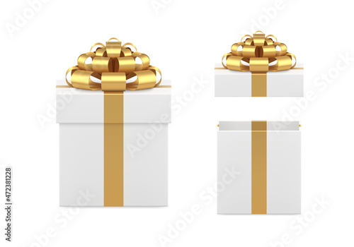 Classic expensive glossy wrapped white gift box decorated by golden metallic ribbon 3d blank vector
