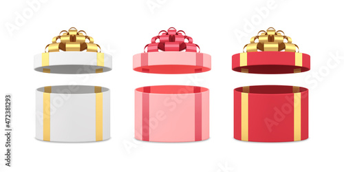 Bright beautiful empty wrapped multicolored gift boxes with open cap unpacking set realistic vector