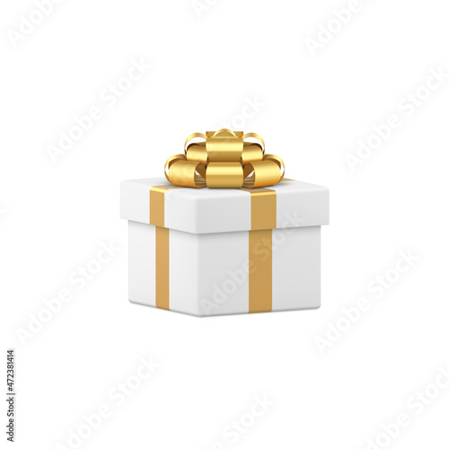 Realistic white gift box decorated by golden metallic bright detailed bow ribbon