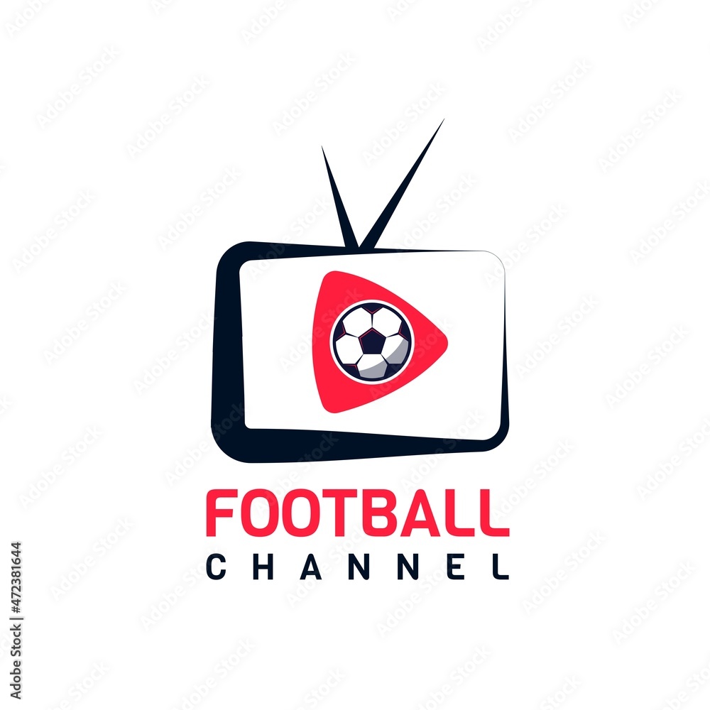 Football Soccer TV Channel Logo. With television, play, and ball symbol