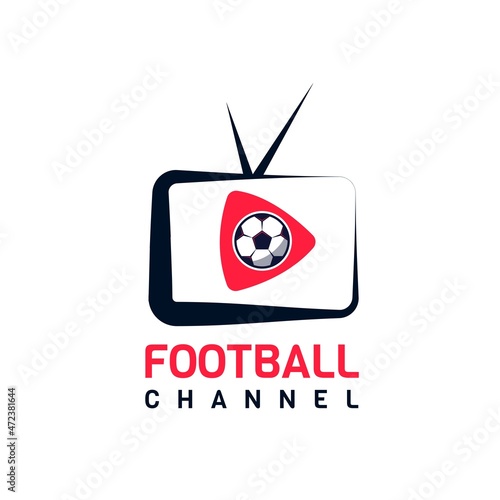 Football Soccer TV Channel Logo. With television, play, and ball symbol. On dark blue and red color. Premium and luxury isolated design vector