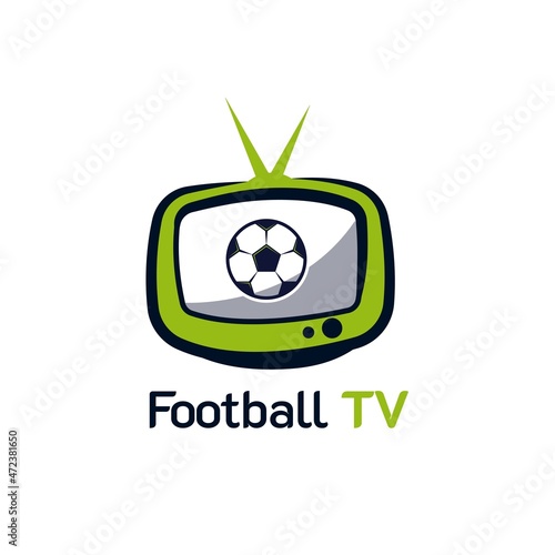 Football Soccer TV Channel Logo. With television, play, and ball symbol. On dark blue and green color. Premium and luxury isolated design vector