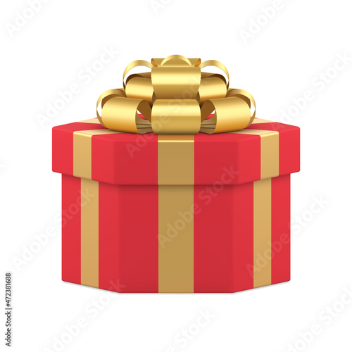 Polygonal red wrapped gift box with golden metallic bow ribbon realistic vector illustration