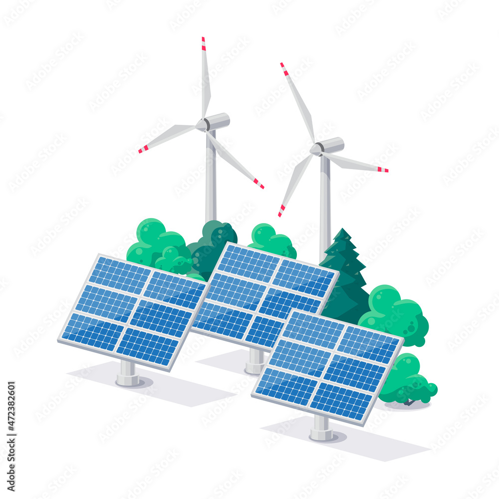 Solar panels and windmill turbines for electricity grid. Renewable