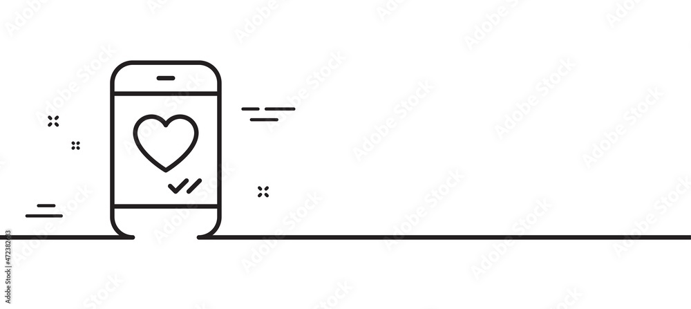 Phone with heart line icon. Social media like sign. Smartphone Love message symbol. Minimal line illustration background. Love chat line icon pattern banner. White web template concept. Vector Phone with heart line icon. Social media like sign. Smartphone Love message symbol. Minimal line illustration background. Love chat line icon pattern banner. White web template concept. Vector