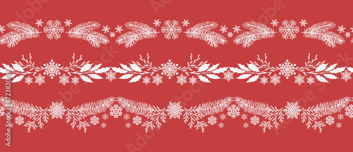 Christmas seamless floral hand drawn decorative borders with fir branches, leaves and snowflakes. White pattern on a red background Vector illustration 