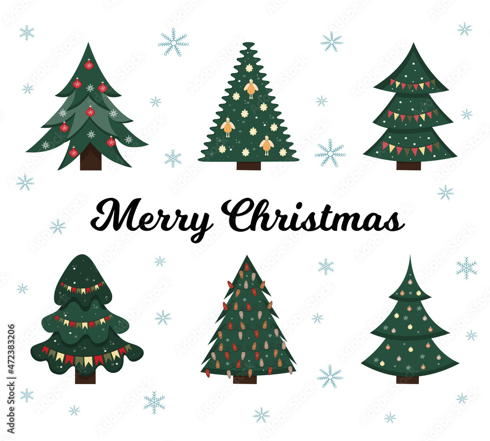 Chrictmas and New Years trees with heralds, light bulb. Decorated xmas trees. Cute Merry Christmas greeting card. Elements for winter holidays decor. Chrictmas and New Years trees with heralds, light bulb. Decorated xmas trees. Cute Merry Christmas greeting card. Elements for winter holidays decor.