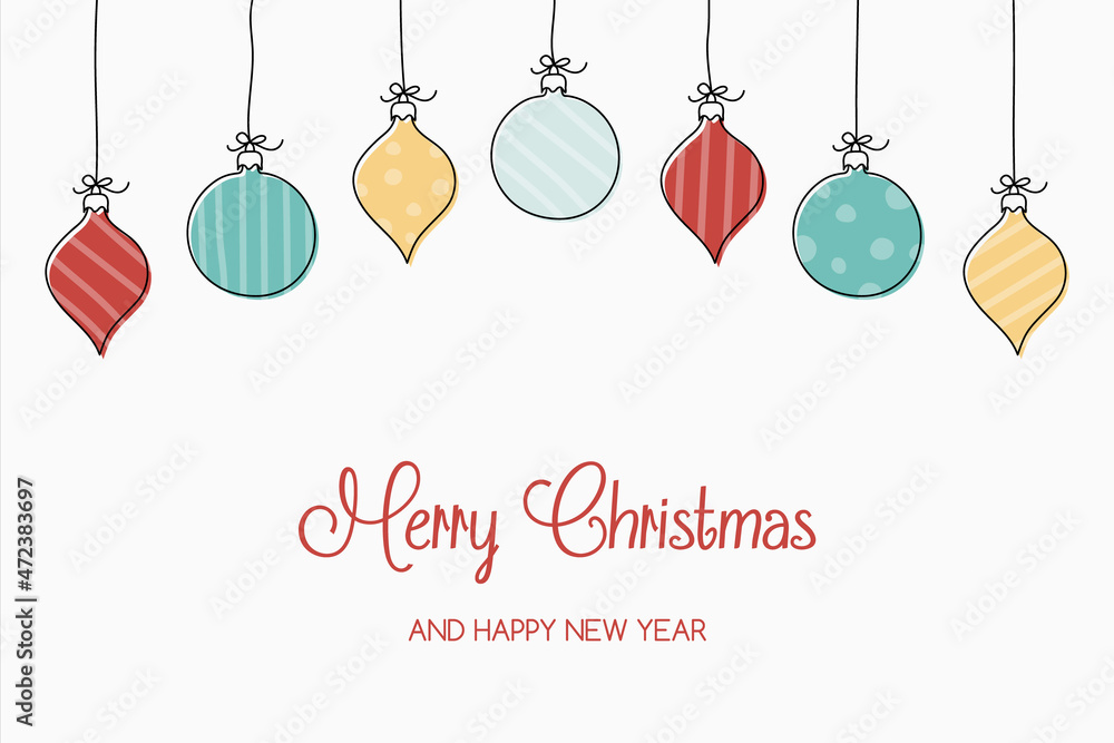 Design of a card with hanging Christmas balls and wishes. Vector