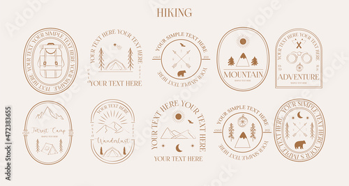 Collection of  logotype template for hiking and camping. Minimalist linear symbol. Perfect for branding, label, sticker, logotype design. Editable Vector Illustration.