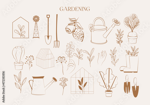 Collection of gardening icons. Minimalist linear symbol. Perfect for label, sticker, logotype design. Editable Vector Illustration.