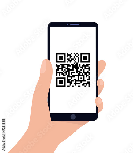 Hand holds smartphone on white isolated background. QR code on the phone screen. Flat vector illustration.