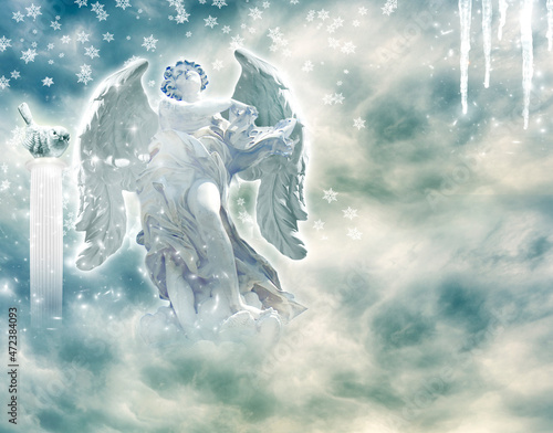 beautiful winter angel archangel over mystic sky with galaxy and stars background and with copy space snowflakes