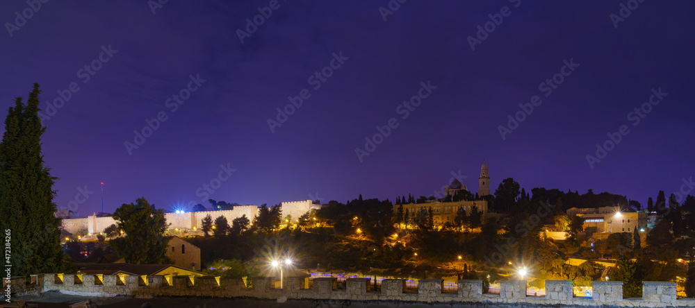 Night view of old city walls, and Dormition Abbey, Jerusalem