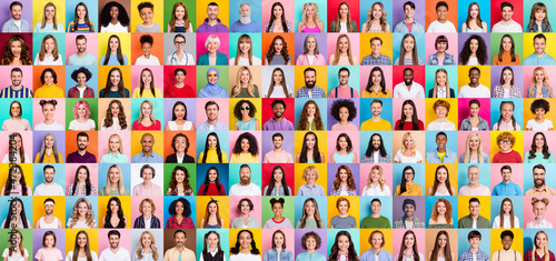 Collage of large group of smiling people composite portrait image gathered together reaching out each other 4g 5g connection contacting multiracial society