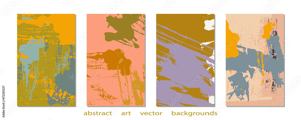 Collection of abstract creative backgrounds. Hand painted textures set. Vector templates with paint strokes and shapes in pastel retro colors.
