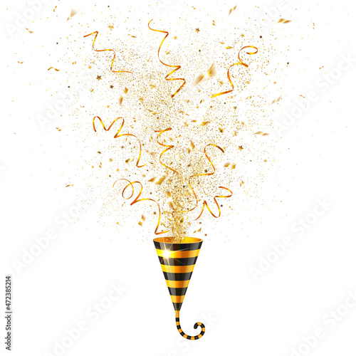 Explosion of Stylized Tiger Colored Party Popper with Gold Confetti