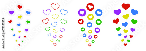 Colorful like icons for social media. Hearts are flying and suitable for live stream and stories reaction. Buttons are isolated on white background. Can be used for post, banner, app design.