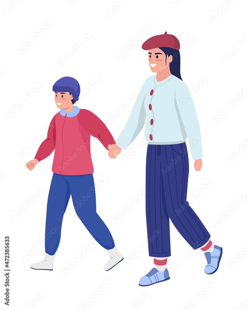 Mom with son on walk semi flat color vector characters. Dynamic figures.  Full body people on white. Winter isolated modern cartoon style  illustration for graphic design and animation Stock Vector | Adobe
