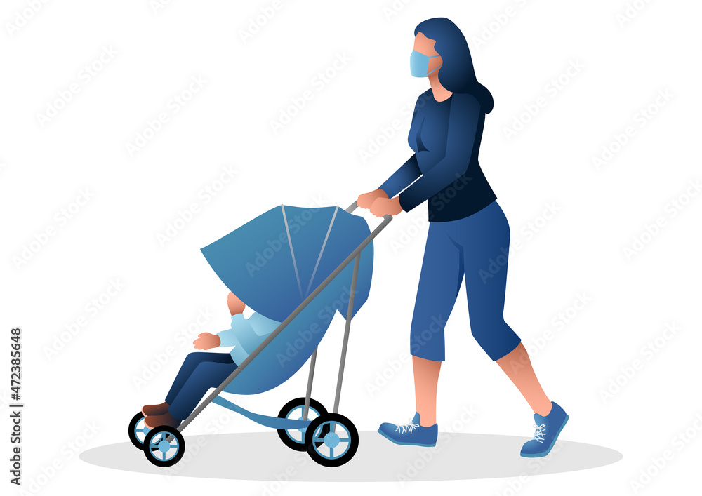Obraz premium Mother wearing medical mask pushing her child in the stroller