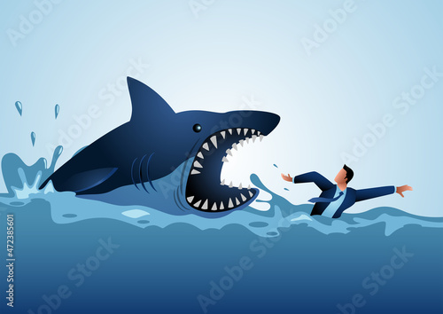 Businessman swimming panicly avoiding shark attacks