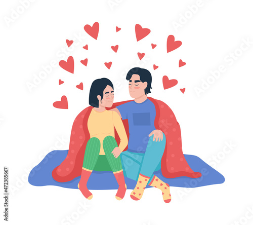 Couple in love semi flat color vector characters. Cuddling figures. Full body people on white. Lovers under blanket isolated modern cartoon style illustration for graphic design and animation