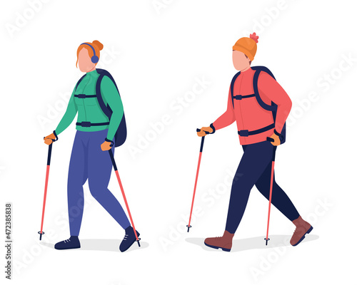 Adults hiking in winter semi flat color vector character set. Posing figure. Full body people on white. Outdoor recreation isolated modern cartoon style illustration for graphic design and animation