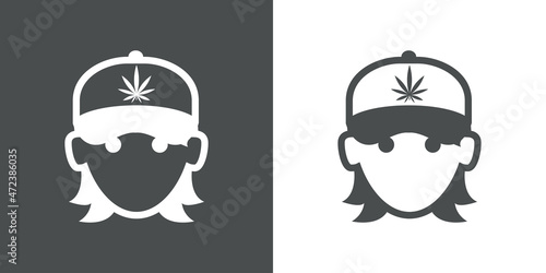 Cannabis shop. Logotipo con silueta de cara de chica con gorra de béisbol con hoja de marihuana estampado en fondo gris y fondo blanco