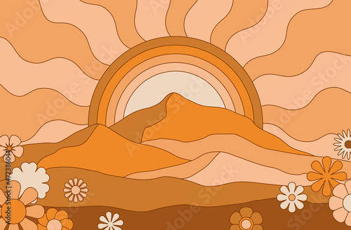 Vector illustration in simple line style - boho hippie abstract print - simple natural landscape with mountains and hills photo