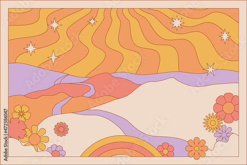 Vector illustration in simple line style - boho hippie abstract print - simple natural landscape with mountains and hills