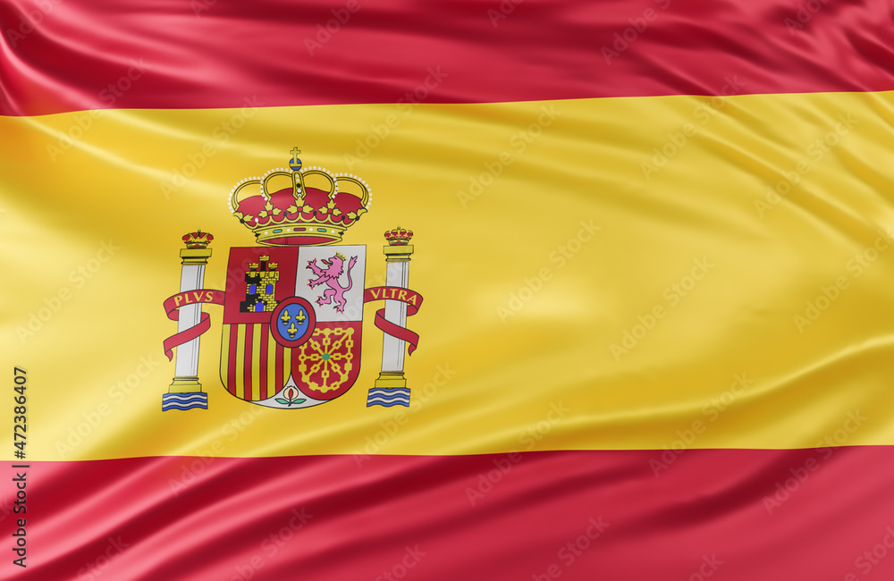 Obraz premium Beautiful Spain Flag Wave Close Up on banner background with copy space.,3d model and illustration.