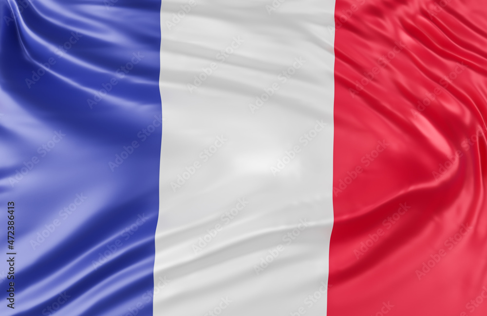 Beautiful France Flag Wave Close Up on banner background with copy space.,3d model and illustration.